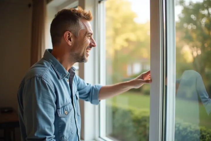 homeowner inspecting windows to decide replacement timing and efficiency