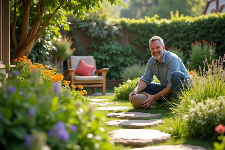 homeowner creating beautiful backyard landscape with plants and seating