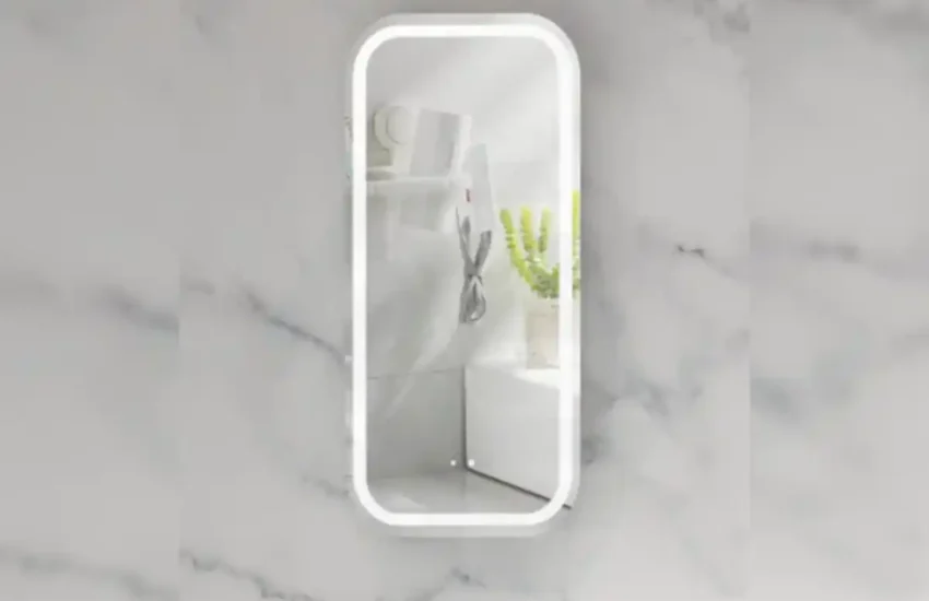 illuminated bathroom mirror cabinet with storage shelf