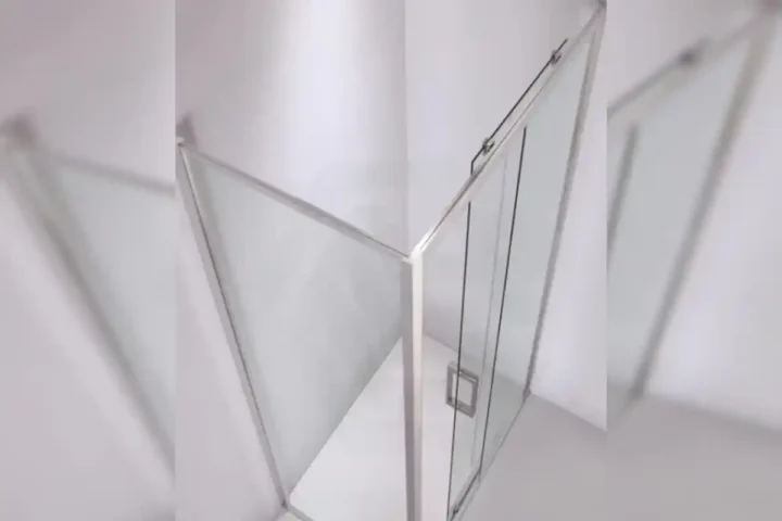 corner glass shower enclosure with modern hinged door