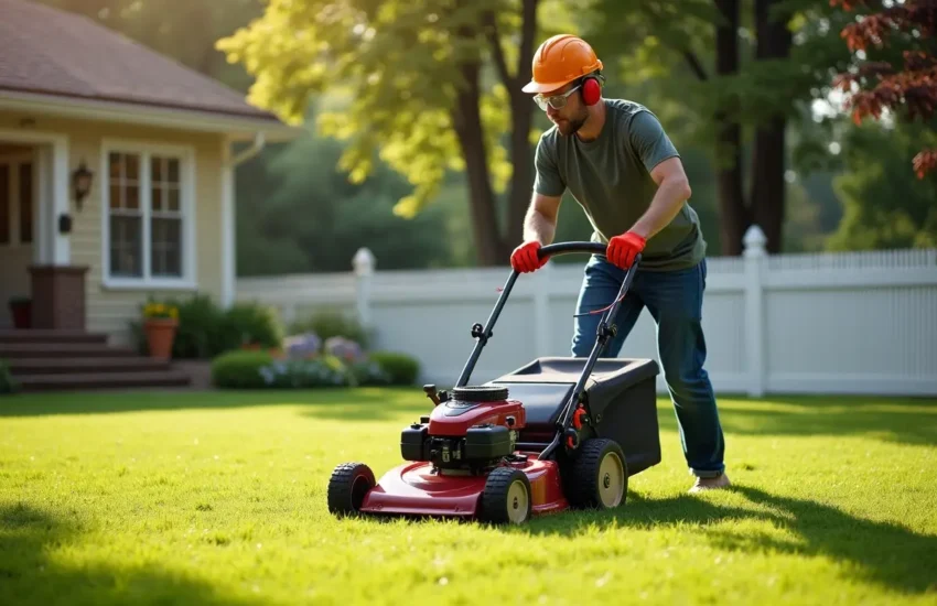 homeowner following lawn mower safety tips for safe yard maintenance