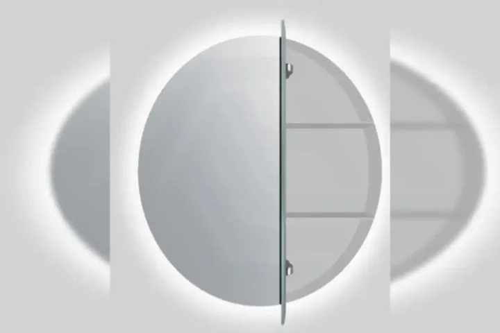 round bathroom mirror cabinet with built-in storage shelves