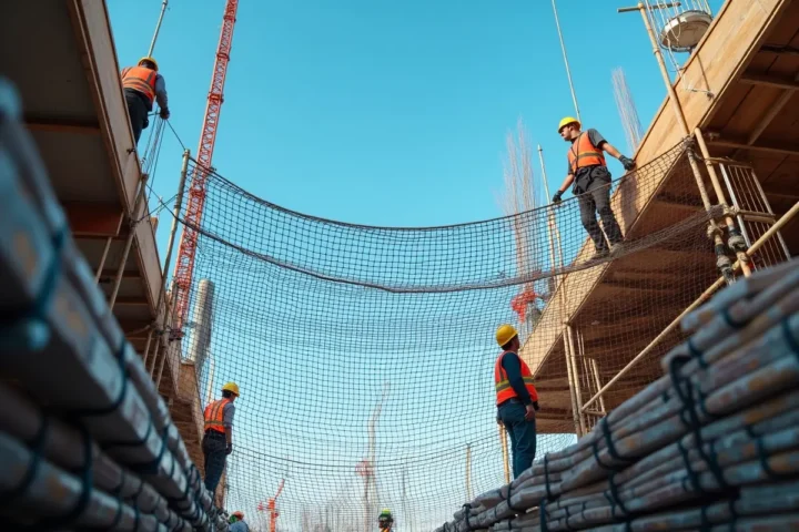 construction workers using fall protection safety nets for workplace safety