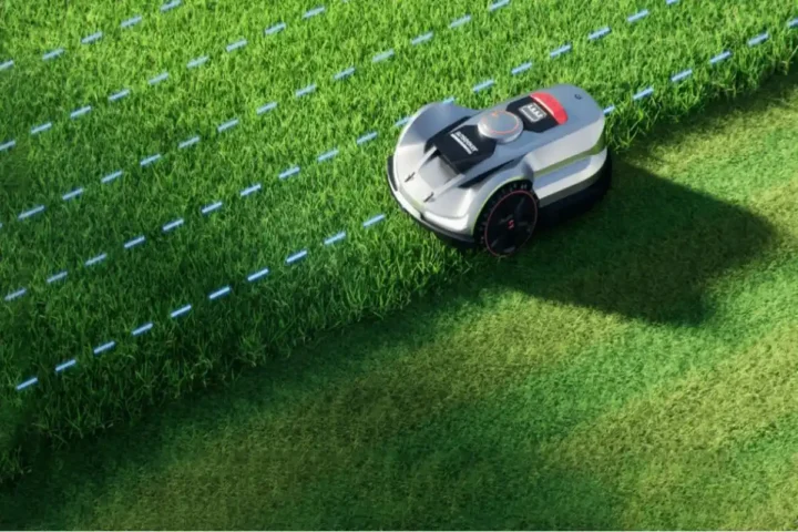 smart robotic lawn mower trimming grass automatically outdoors