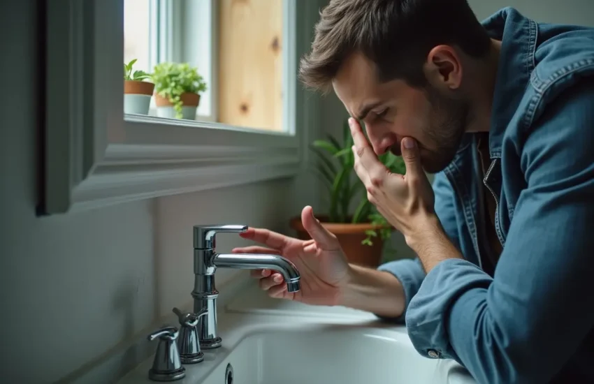 homeowner inspecting weak bathroom faucet despite properly functioning household pipes
